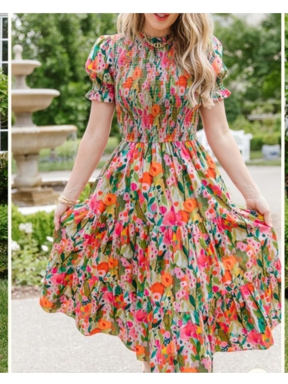 Ivy City Co Floral Smocked Midi Dress in Pink, Orange & Green